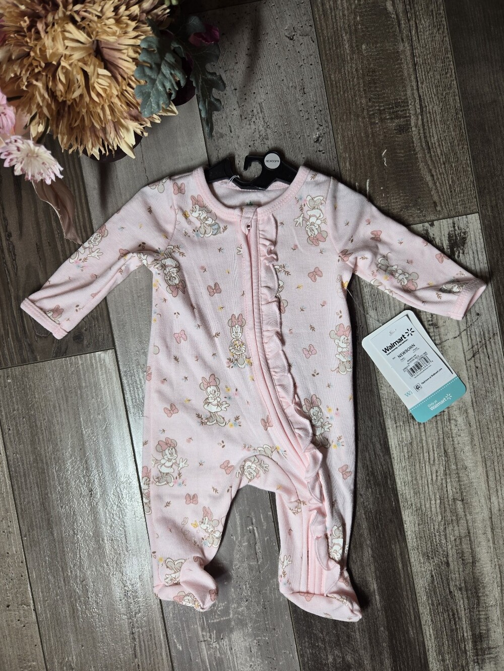 NWT Disney Pink Minnie Mouse Ruffle‑Trim Zip One‑Piece Footie – Size Newborn